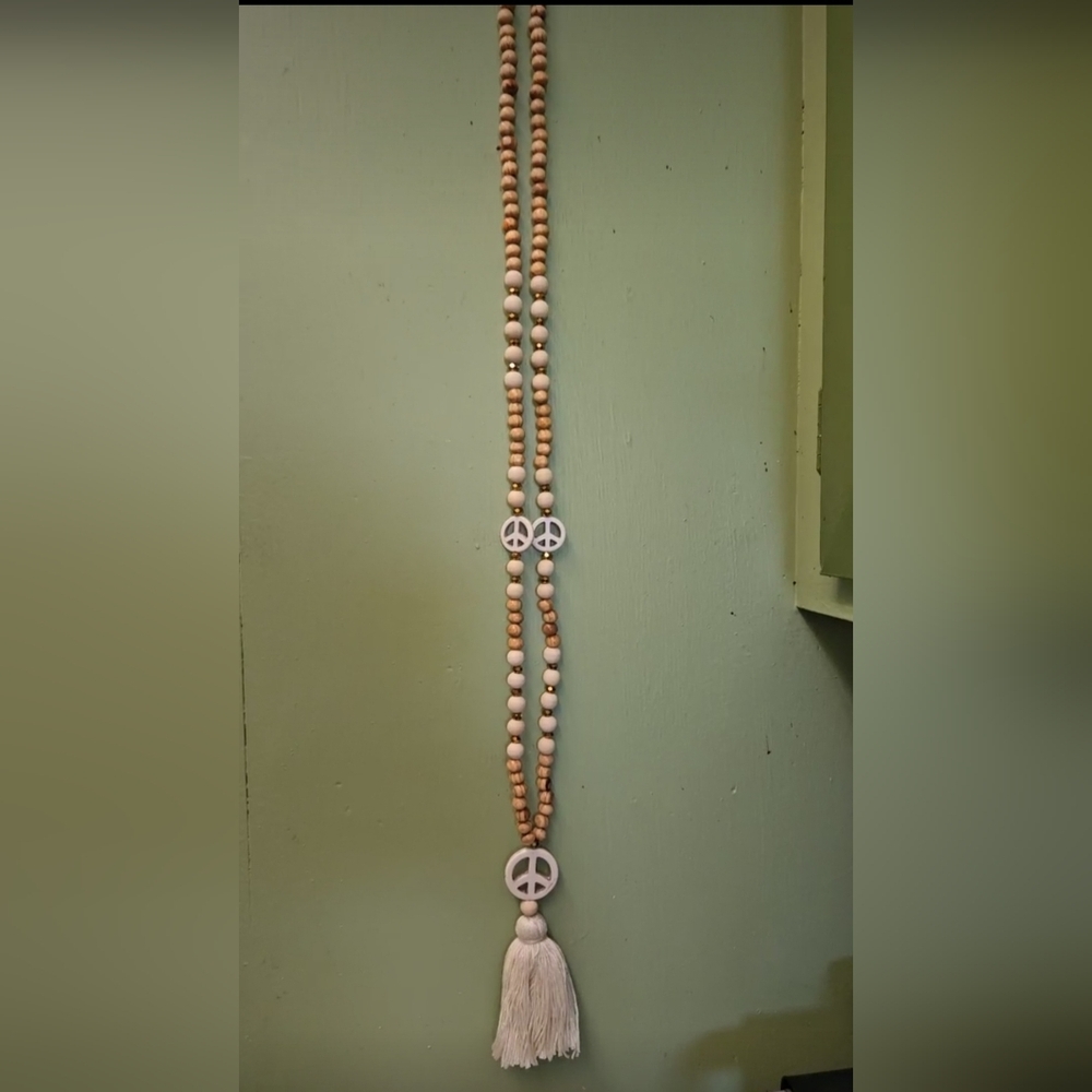 Peace Sign Tassel Wood Beaded Handmade Long Necklace - Picture 10 of 14